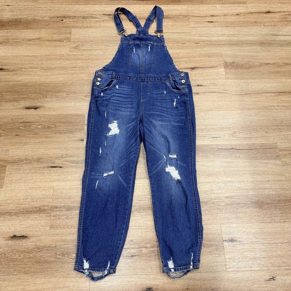 Almost Famous Women's Distressed Denim Overalls Size 16 Dark Wash Blue